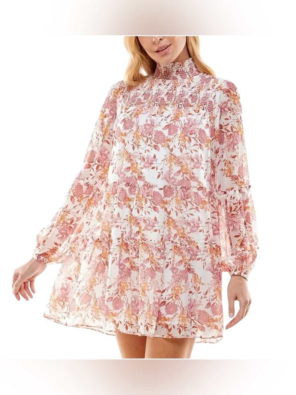 Trixxi Floral Printed High Neck Mini Dress Womens Medium Ivory Pink Smocked